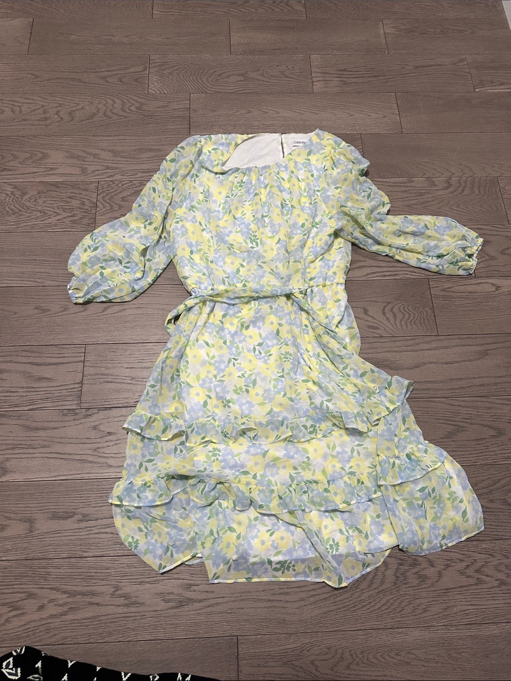 Calvin Klein White Floral-Lined Dress with Pastel Accents